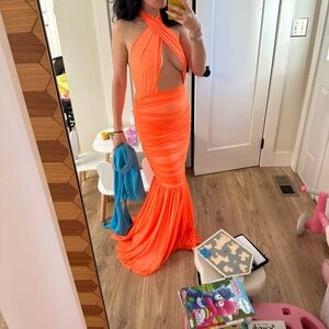 Norma Kamali Neon Orange Halter Cutout Maxi Dress
